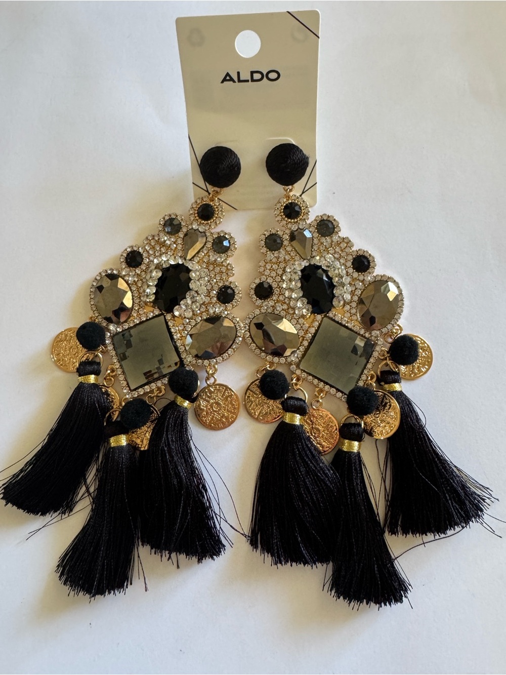 15cm. ALDO Black and Gold Pavé Tassel Statement Earrings